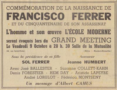 annonce du meeting commémoration Ferrer