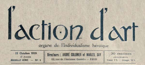 journal "L'action d'art" n1 du 15 octobre 1919